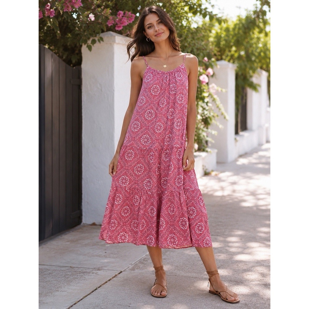 Rails Women's Pink Floral Ruffled Midi Sundress Small Linen Blend Summer Beach
